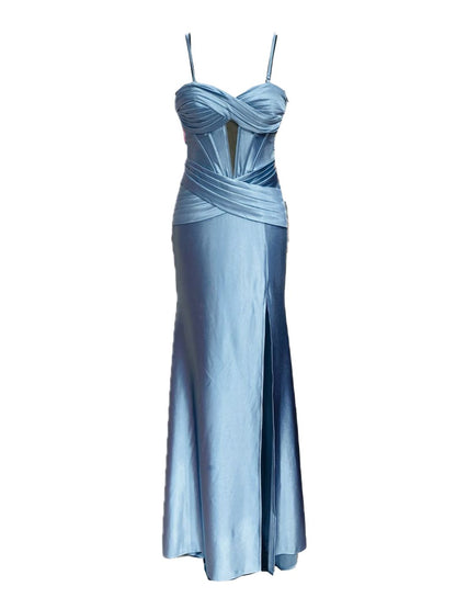 ABITO DA CERIMONIA ADERENTE IN RASO AZZURRO 24102