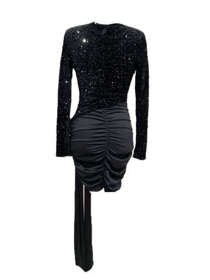 ABITO ELEGANTE NERO CON PAILLETTES E DRAPPEGGIO