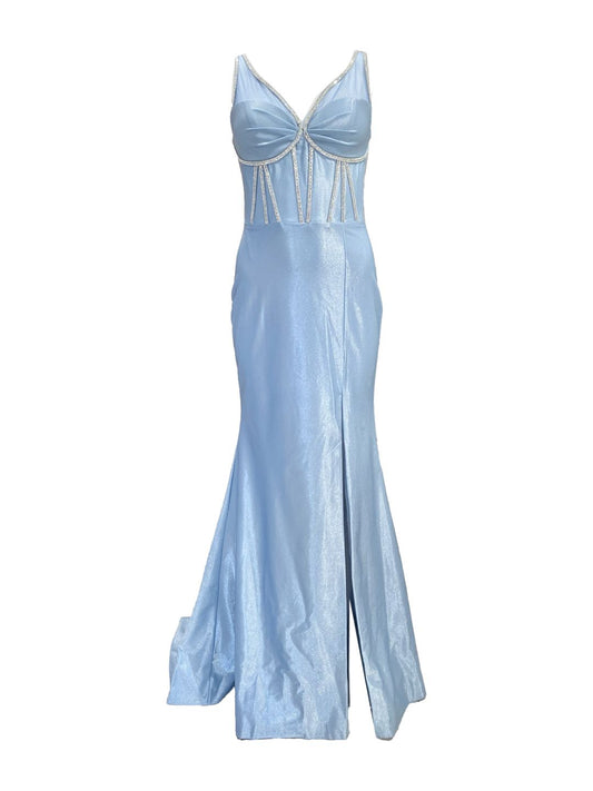 ABITO DA CERIMONIA ADERENTE IN RASO AZZURRO E STRASS 723
