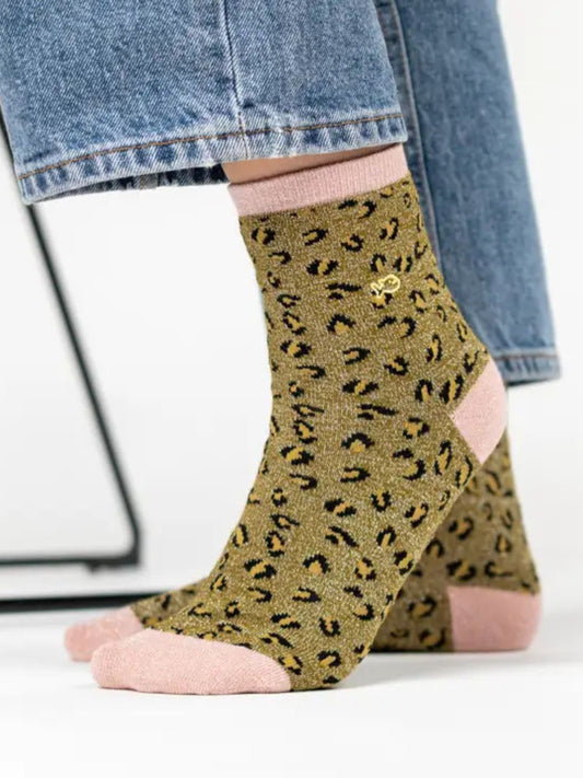 Calzini Leopardati Glitterati in Cotone Pettinato Verde Oliva – Billybelt