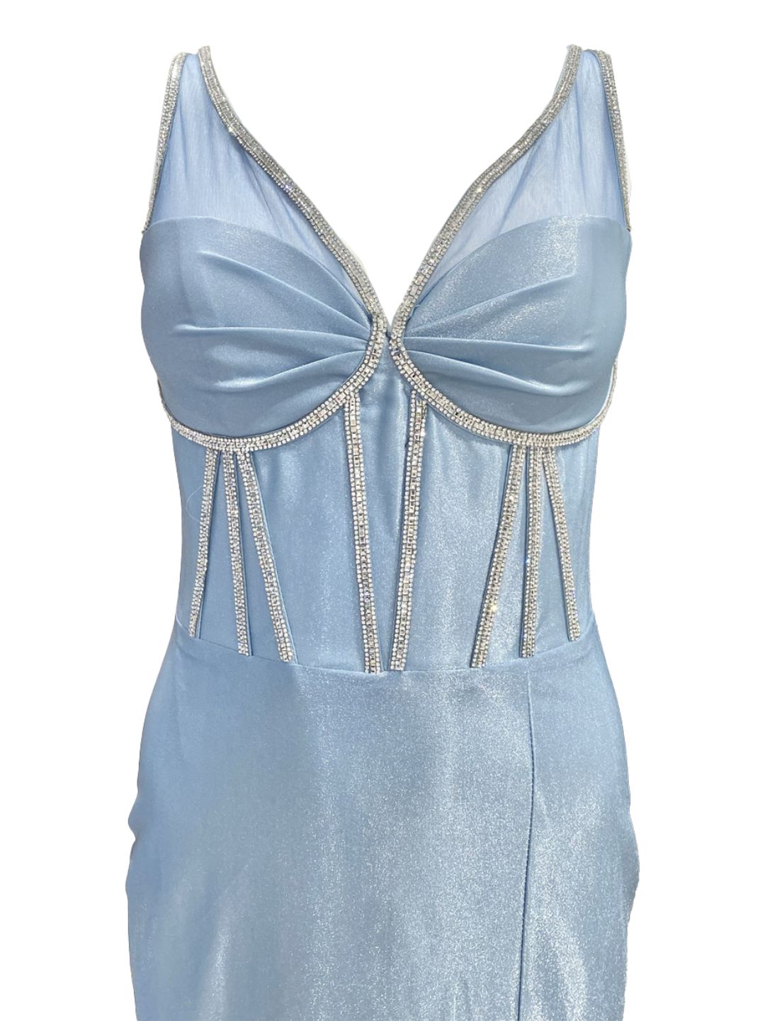ABITO DA CERIMONIA ADERENTE IN RASO AZZURRO E STRASS 723