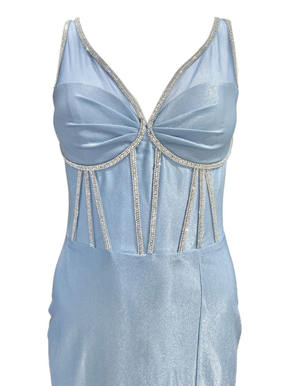 ABITO DA CERIMONIA ADERENTE IN RASO AZZURRO E STRASS 723