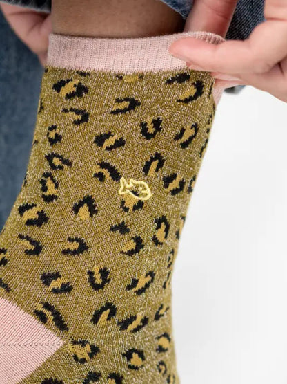 Calzini Leopardati Glitterati in Cotone Pettinato Verde Oliva – Billybelt