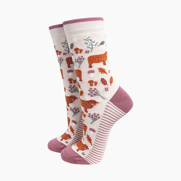 CALZINI IN BAMBÙ floreale Highland Cow, crema 4633FCOWCR