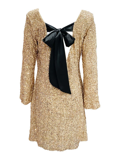 Abito Corto Paillettes Oro Rosa con Fiocco Nero