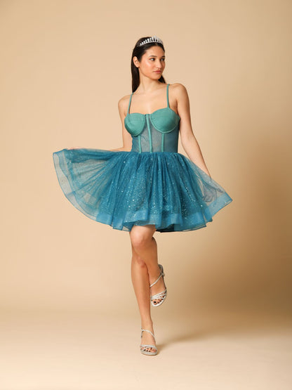 ABITO DA CERIMONIA CORTO TULLE PETROLIO 6413
