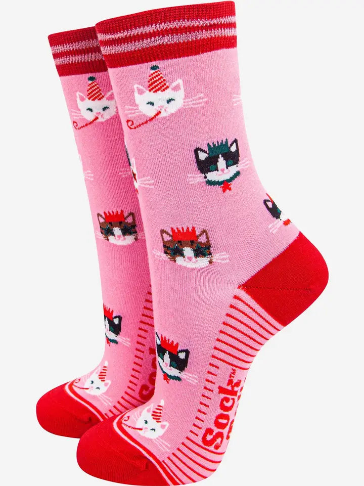 CALZINI IN BAMBÙ Rosa acceso/Rosso, Gatti da festa 4501PCATHP