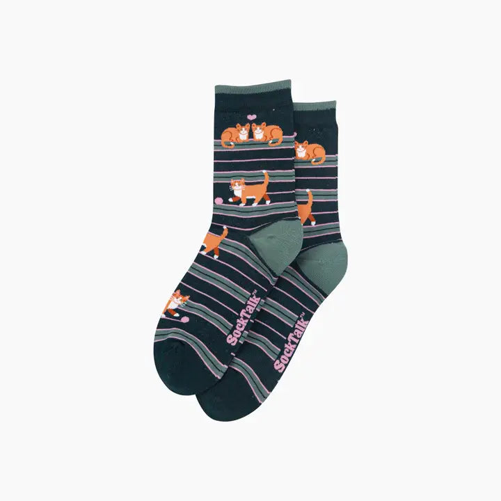CALZINI IN BAMBÙ Verde Scuro Righe con Gatto 4614TCATFG