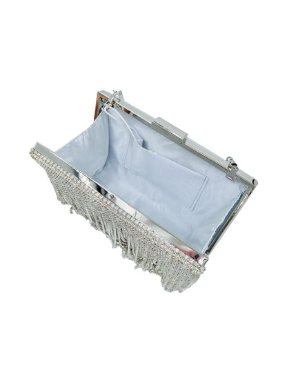 Pochette Clutch Rettangolare Frange Strass Argento 2329