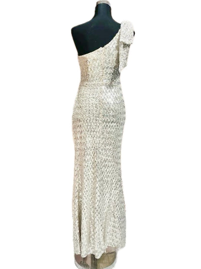 ABITO CERIMONIA MONO SPALLA PAILLETTES ARGENTO 19565