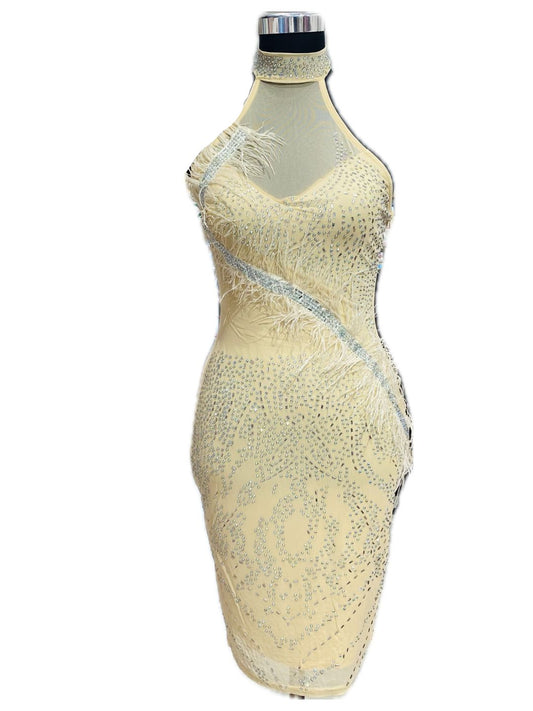 ABITO CORTO color Nude CON STRASS E PIUME Struzzo MARABOUT 616815-3
