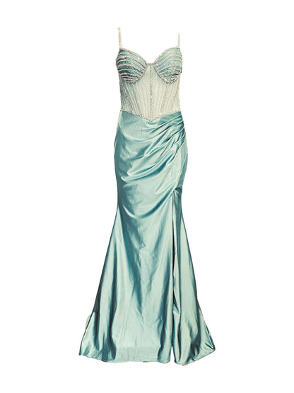 ABITO DA CERIMONIA ADERENTE IN RASO VERDE ACQUA E STRASS 6619