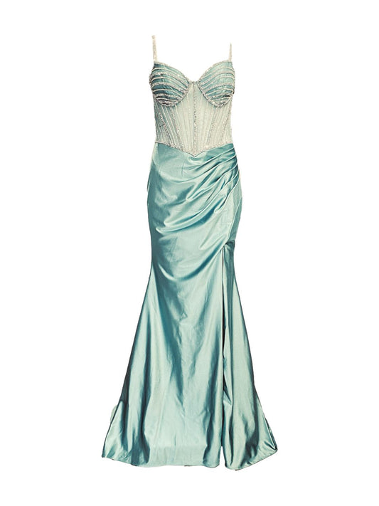 ABITO DA CERIMONIA ADERENTE IN RASO VERDE ACQUA E STRASS 6619