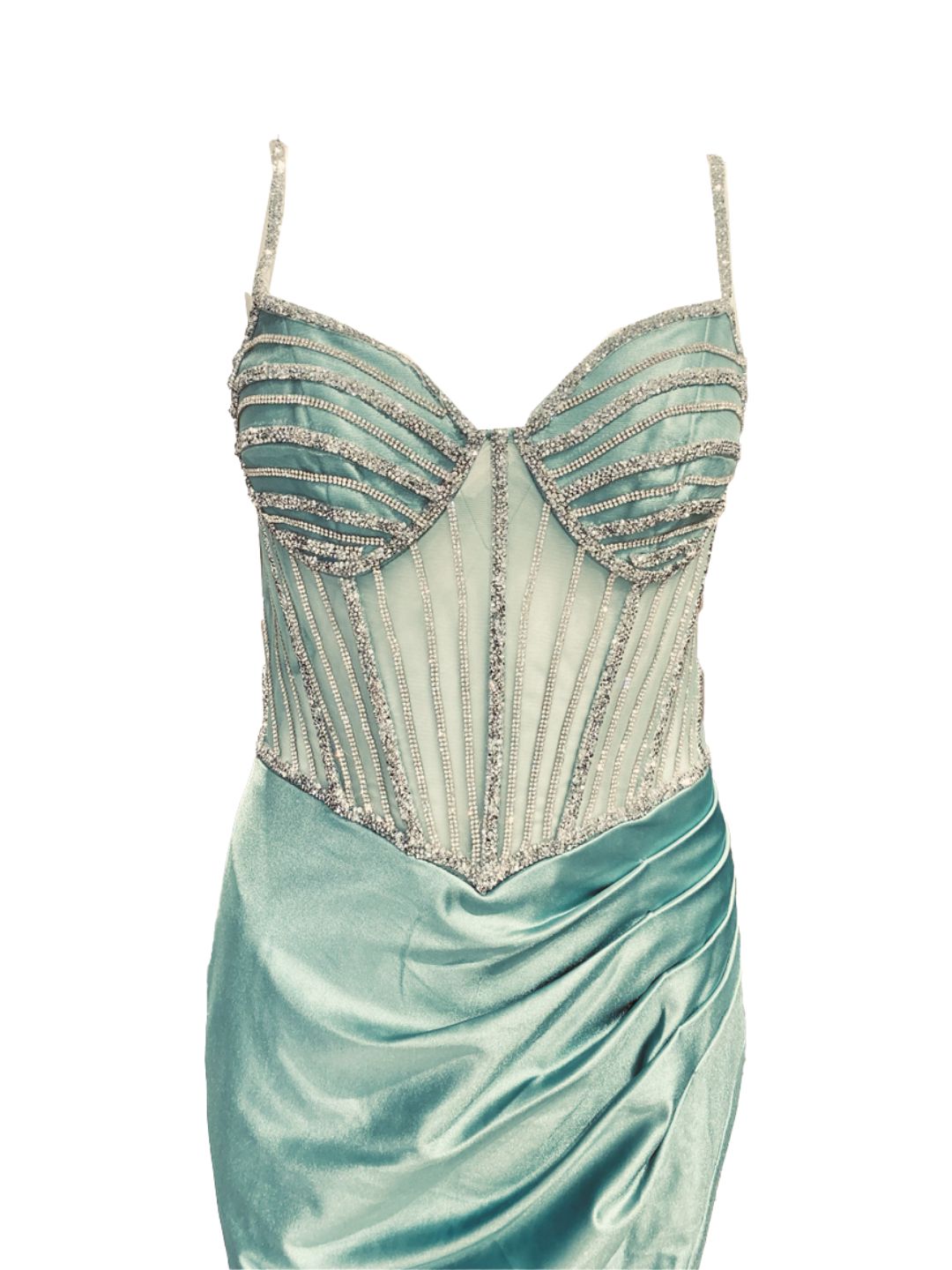 ABITO DA CERIMONIA ADERENTE IN RASO VERDE ACQUA E STRASS 6619