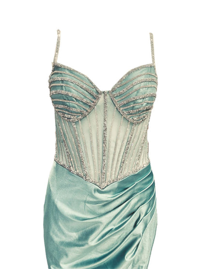 ABITO DA CERIMONIA ADERENTE IN RASO VERDE ACQUA E STRASS 6619
