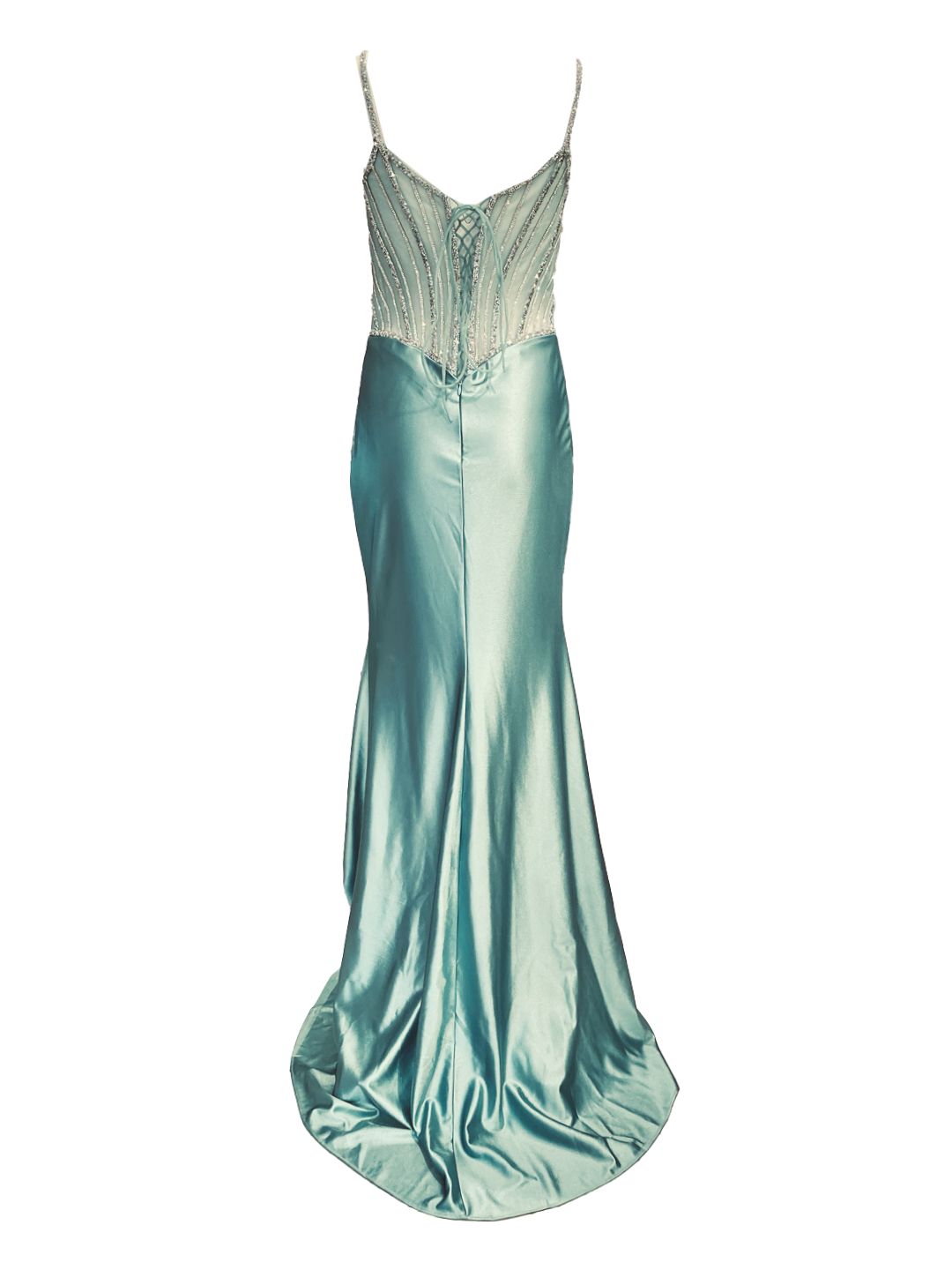 ABITO DA CERIMONIA ADERENTE IN RASO VERDE ACQUA E STRASS 6619