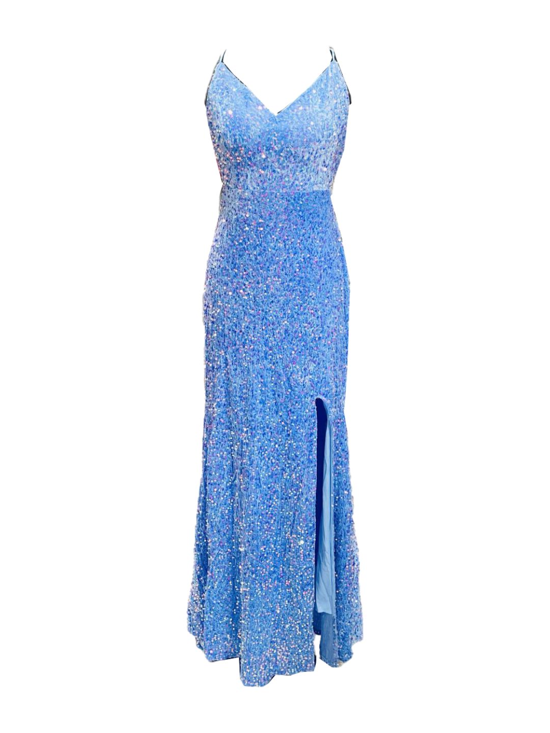 Curvy ceremonial dress in light blue velvet 509009