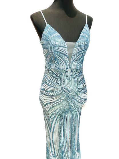 ABITO DA CERIMONIA ELEGANTE PAILETTES TURCHESE 19330 – Ribes of LOVE