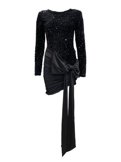 ABITO ELEGANTE NERO CON PAILLETTES E DRAPPEGGIO