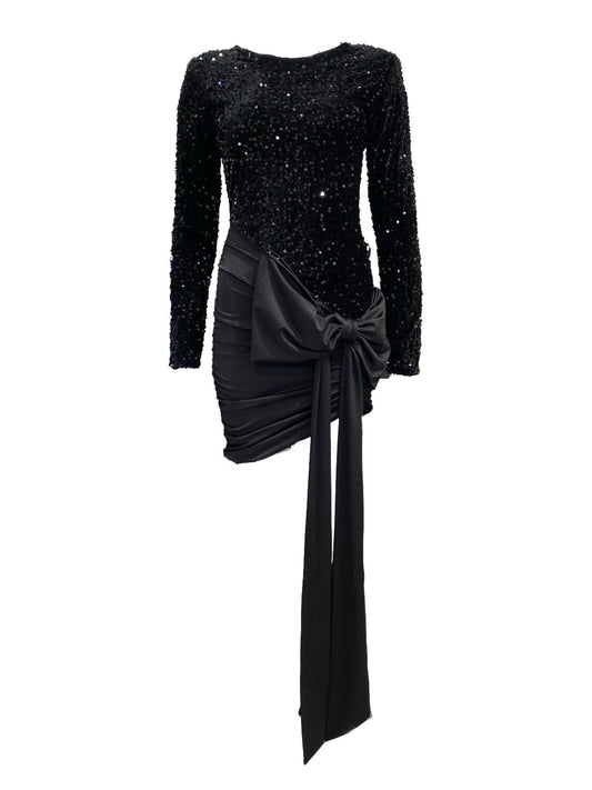 ABITO ELEGANTE NERO CON PAILLETTES E DRAPPEGGIO