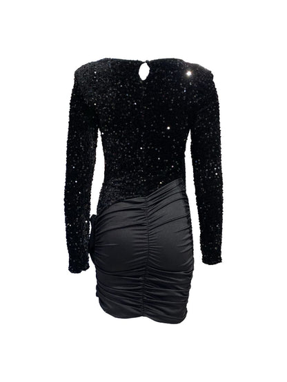 ABITO ELEGANTE NERO CON PAILLETTES E DRAPPEGGIO