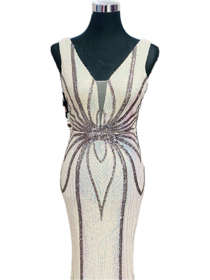 ABITO ELEGANTE PAILETTES CREMA E ARGENTO 19025