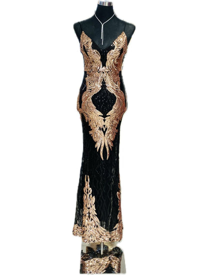 ABITO ELEGANTE PAILETTES NERO E ORO ROSA 18800