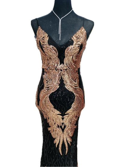 ABITO ELEGANTE PAILETTES NERO E ORO ROSA 18800
