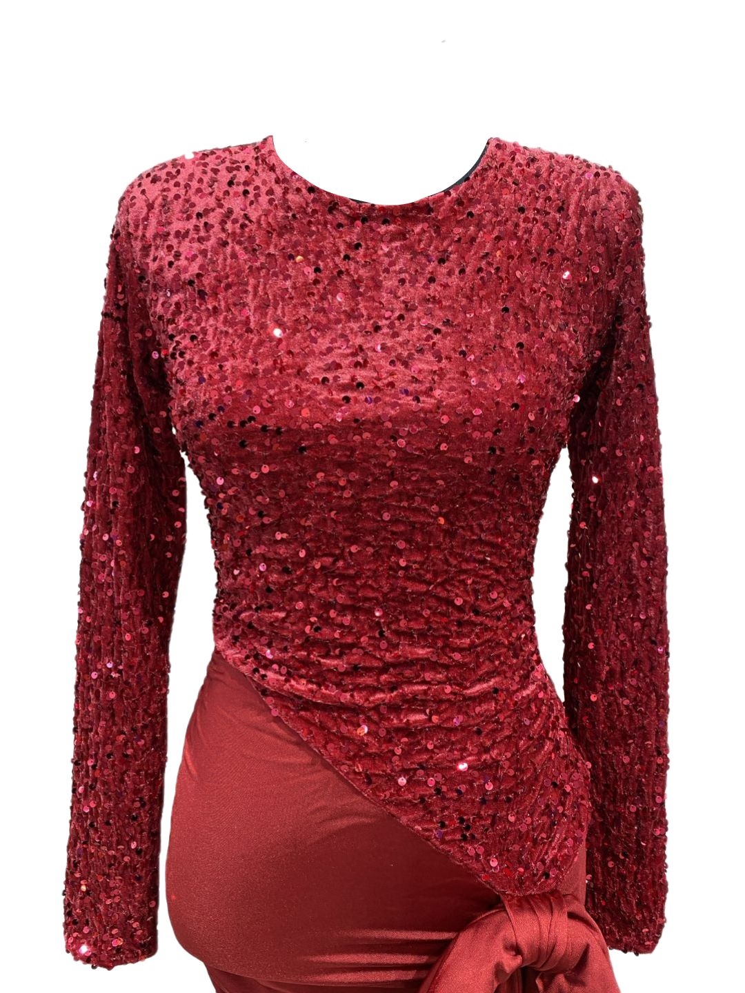 ABITO ELEGANTE ROSSO CON PAILLETTES E DRAPPEGGIO