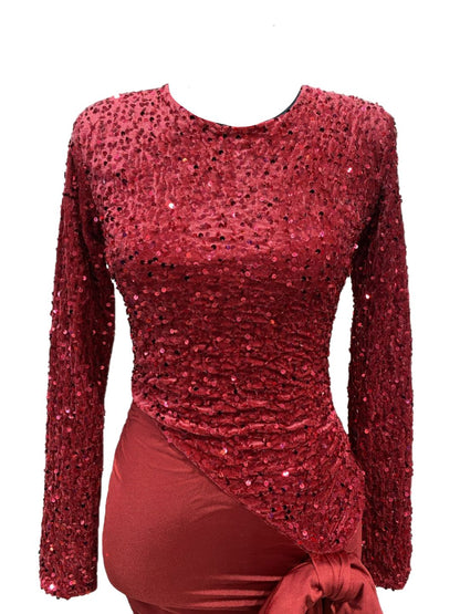 ABITO ELEGANTE ROSSO CON PAILLETTES E DRAPPEGGIO