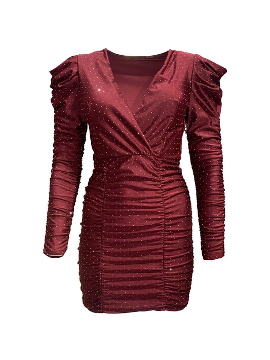 Abito Aderente Bordeaux Increspato con Strass 14288