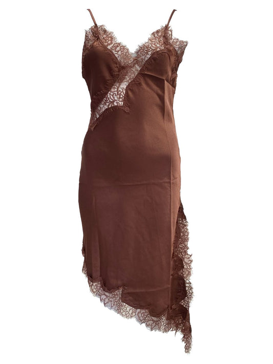 Abito Asimmetrico Satinato con Pizzo Cioccolato 315