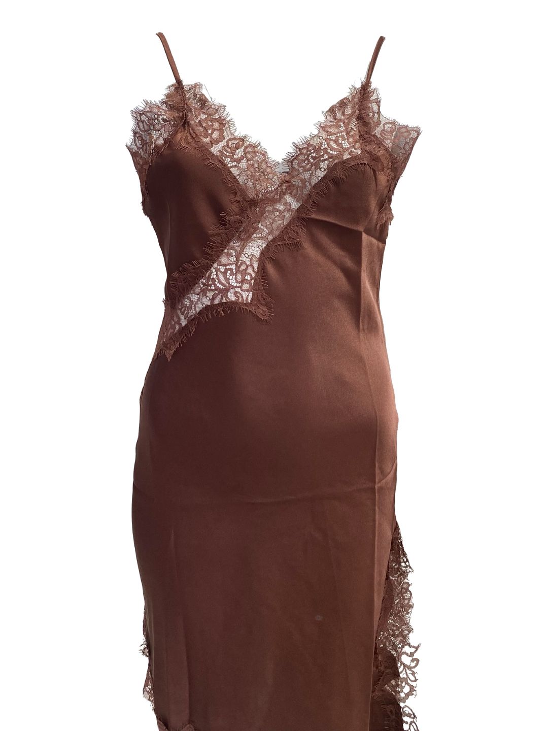 Abito Asimmetrico Satinato con Pizzo Cioccolato 315