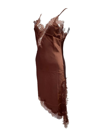 Abito Asimmetrico Satinato con Pizzo Cioccolato 315
