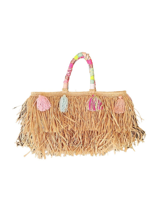 BORSA MAXI CON FRANGE IN RAFIA Le Pom Pom