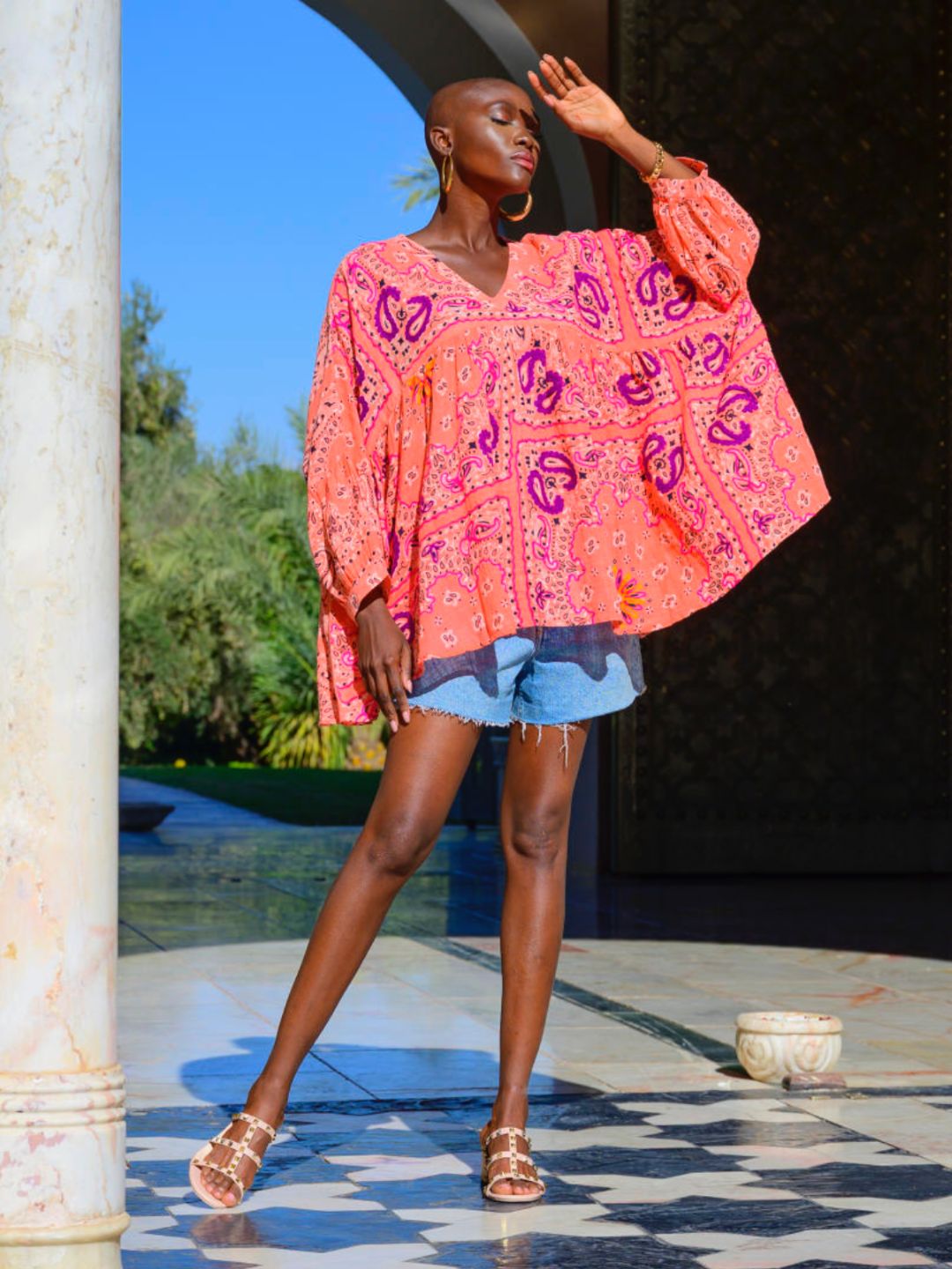 Blusa Bandana in Cotone Garzato Corallo ✨