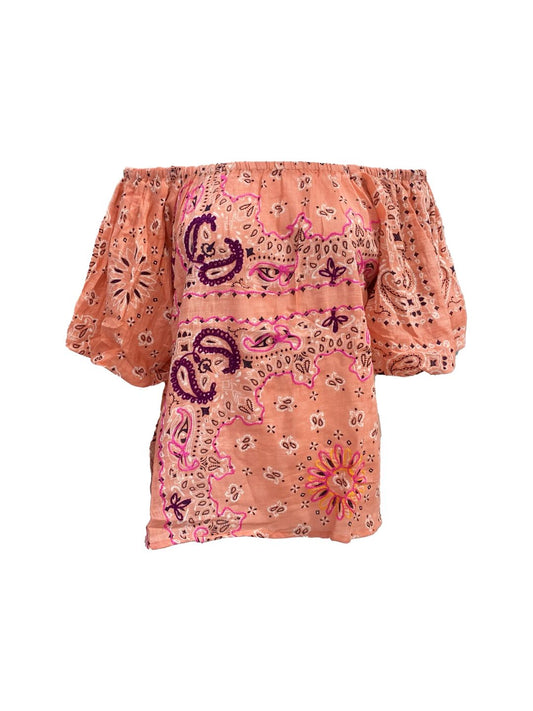 Blusa Bandana Scollo a Barca in Cotone Garzato Corallo ✨