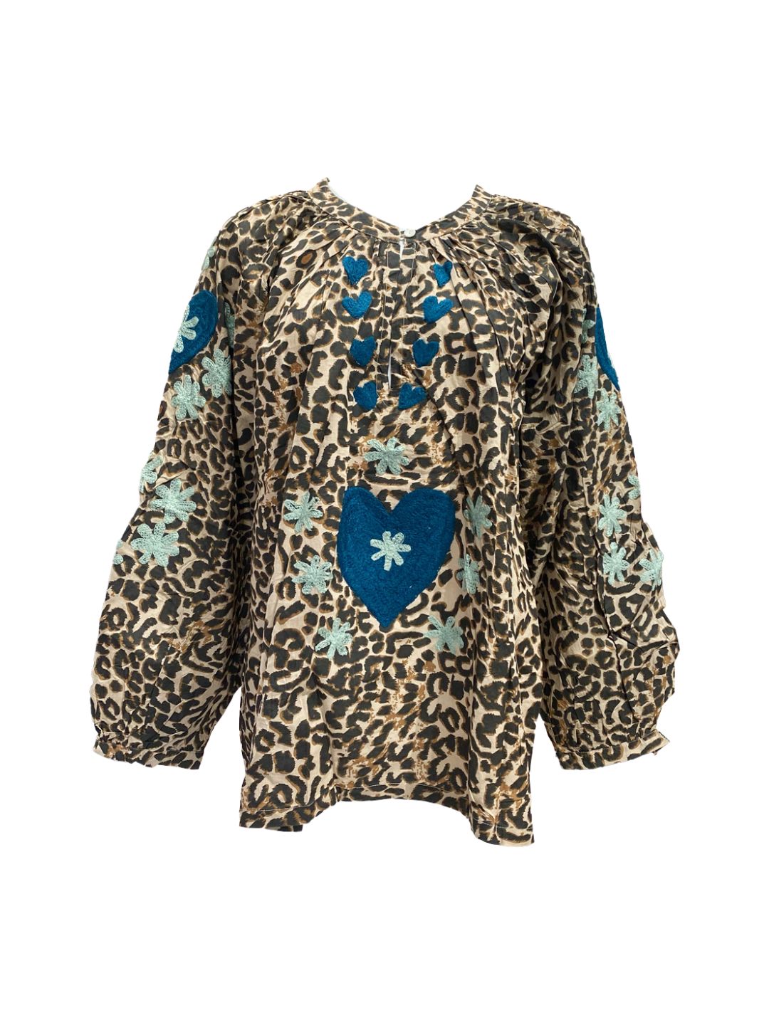 Blusa Donna Leopardata ricamata a mano Azzurro e Petrolio in cotone