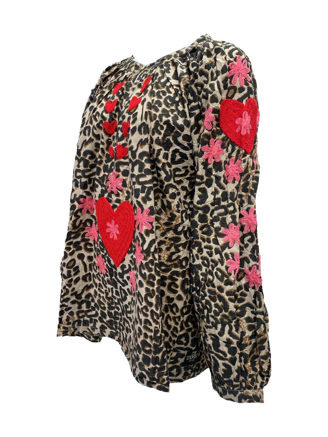 Blusa Donna Leopardata ricamata a mano Rossa e Rosa in cotone