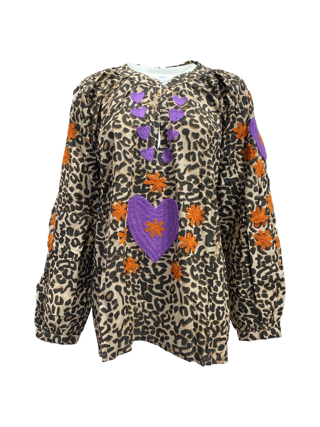 Blusa Donna Leopardata ricamata a mano Viola e Arancio in cotone