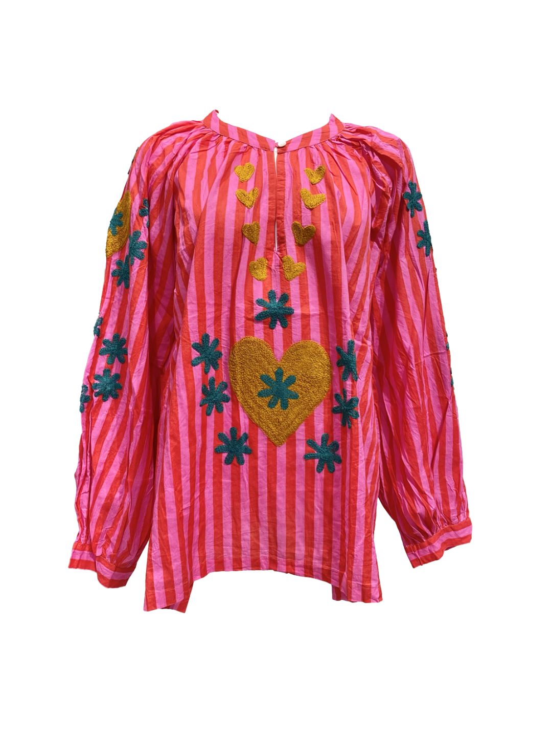 Blusa Donna a righe Fucsia e Rossa con cuori ricamati a mano