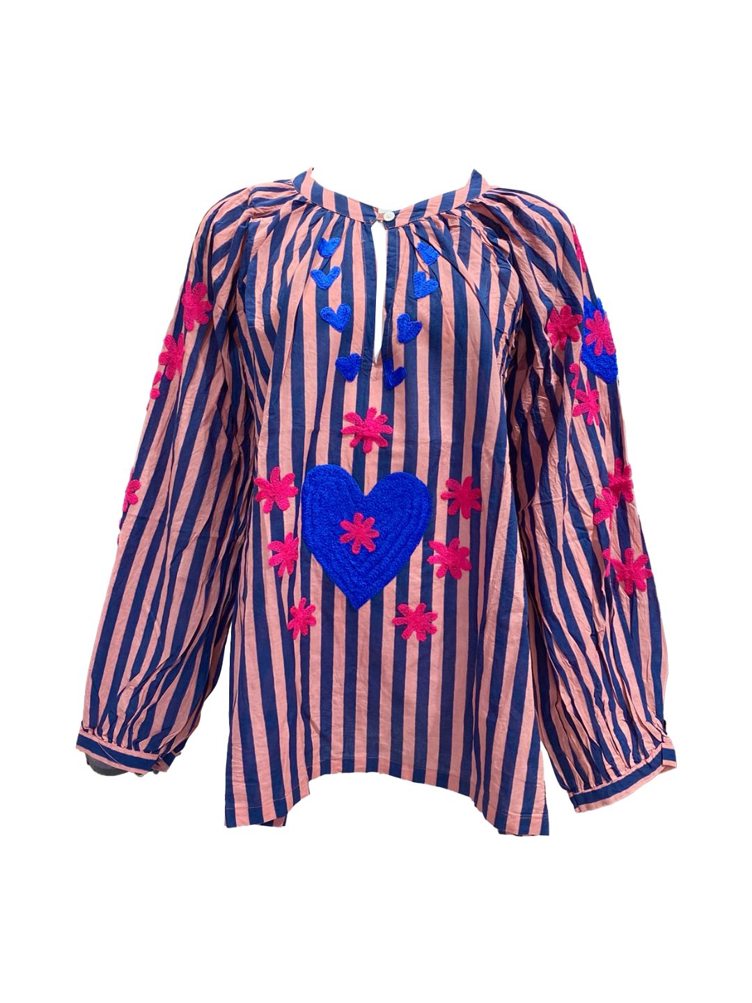 Blusa Donna a righe Rosa e Blu con cuori ricamati a mano