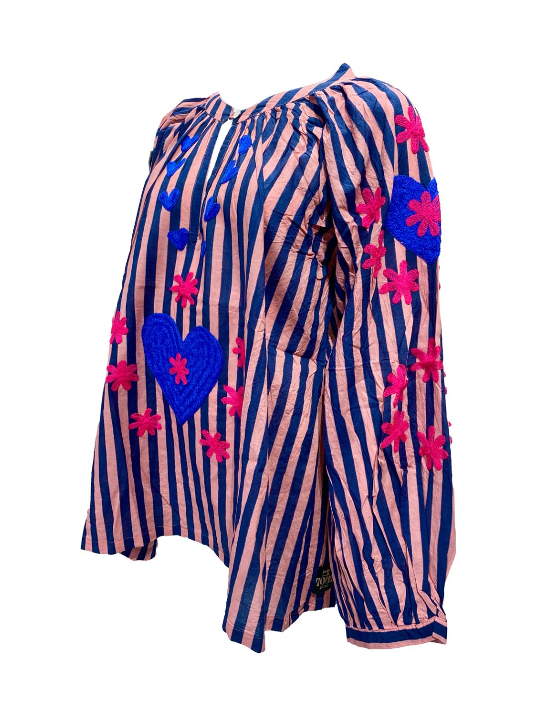 Blusa Donna a righe Rosa e Blu con cuori ricamati a mano