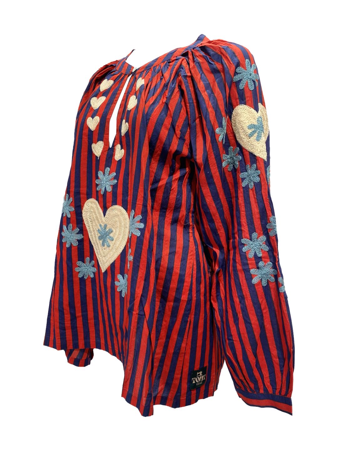 Blusa Donna a righe Rossa e Blu con cuori ricamati a mano