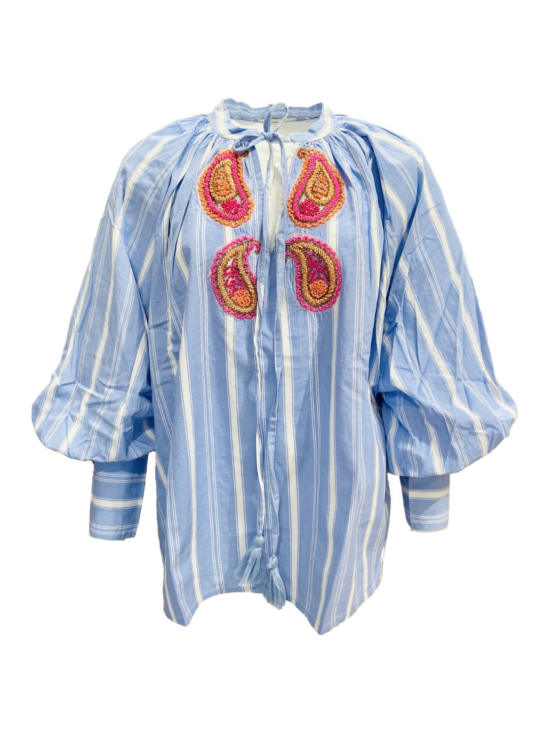 Blusa Righe Azzurra con Ricami di Perline ✨