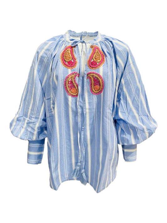 Blusa Righe Azzurra con Ricami di Perline ✨