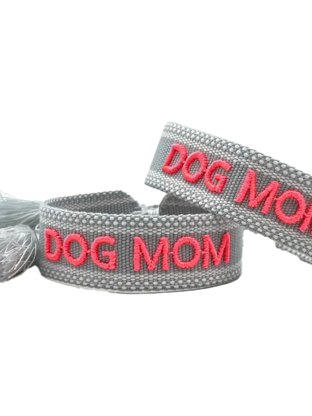 Bracciale "DOG MOM" Grigio Perla e Rosa Fluo