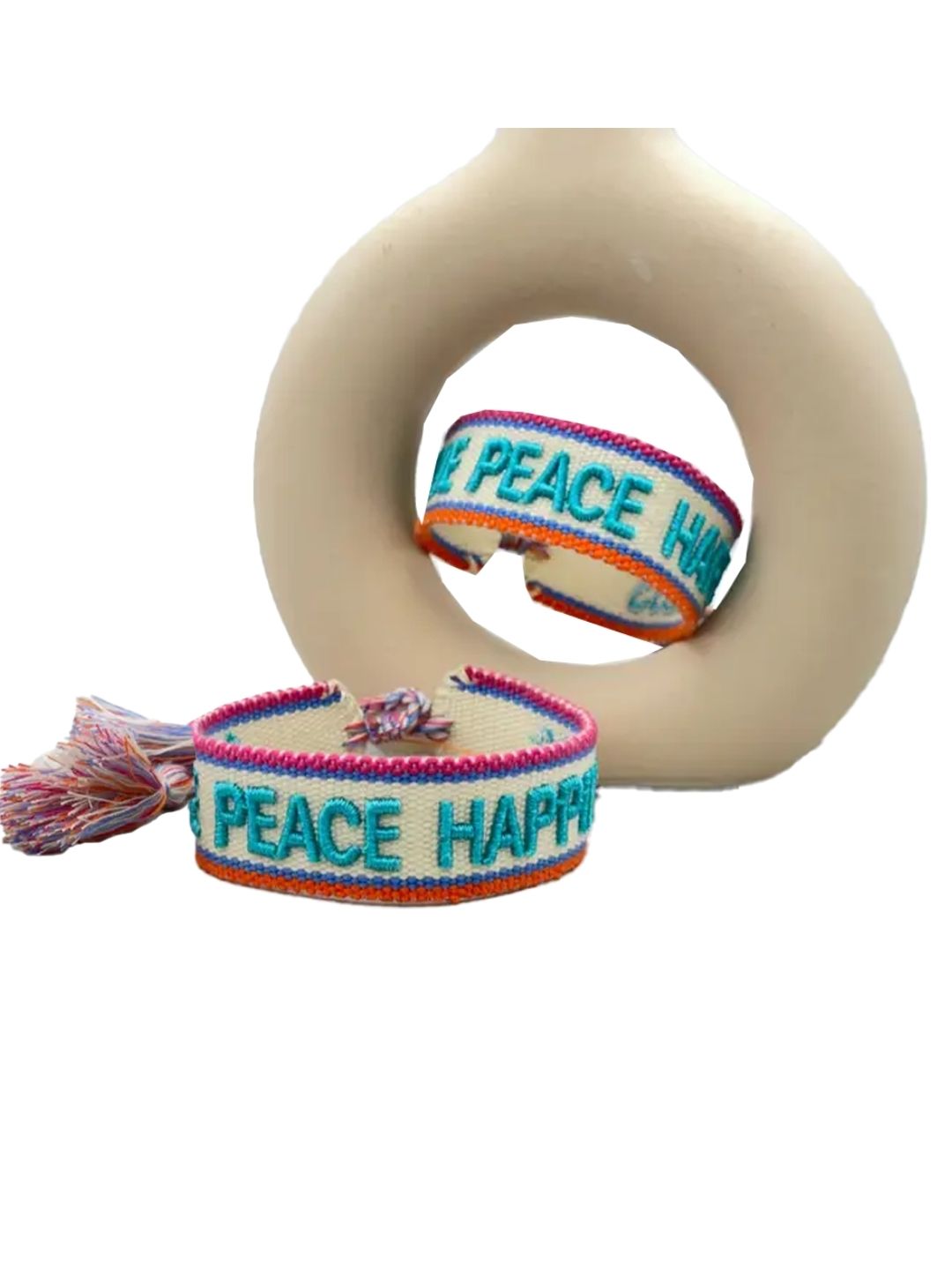 Bracciale "LOVE PEACE HAPPINESS" Ecru e Turchese