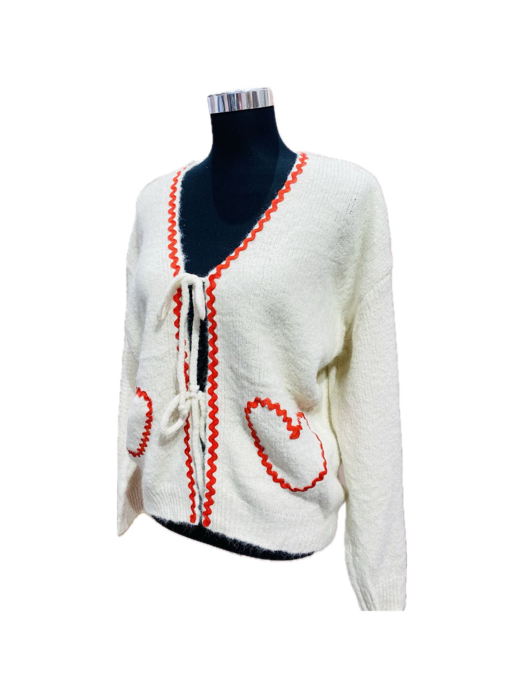 CARDIGAN PANNA CON CUORI ROSSI