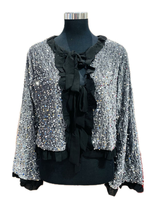 CARDIGAN IN CINIGLIA ARGENTATO CON PAILLETTES